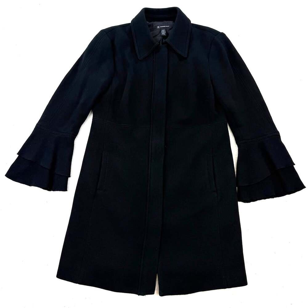 INC Black Cotton Ruffle Bell Sleeve Coat Y2K Goth Dark Academia Size Large